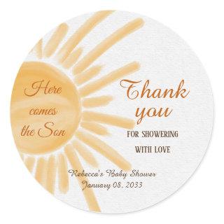 Here Comes the Son Yellow Ray Sunshine Baby Shower Classic Round Sticker