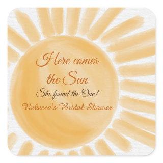 Here Comes the Sun Ray Yellow Bridal Shower Square Sticker