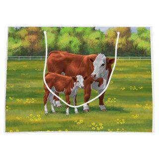 Hereford Cow & Cute Calf in Summer Pasture Large Gift Bag