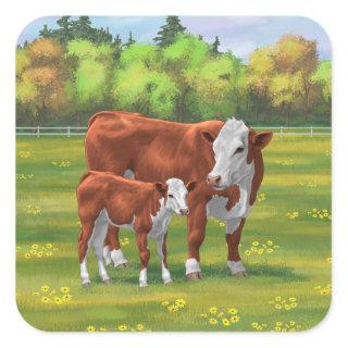 Hereford Cow & Cute Calf in Summer Pasture Square Sticker