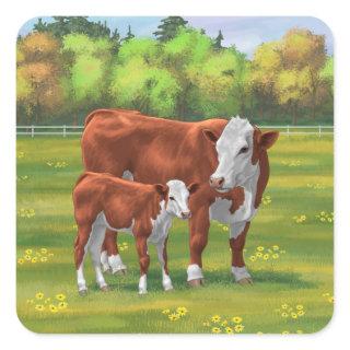 Hereford Cow & Cute Calf in Summer Pasture Square Sticker