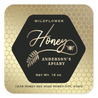 Hexagon branch  gold bee honey jar  square sticker
