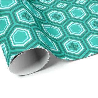Hexagonal Kimono Print, Teal, Aqua and White