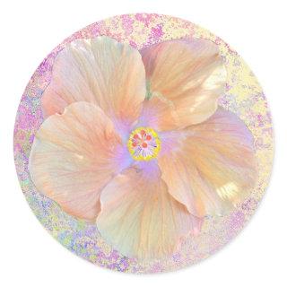 Hibiscus tropical flower iridescent look pink gold classic round sticker