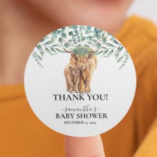 Highland Cow Calf Baby Shower Eucalyptus  Classic Round Sticker