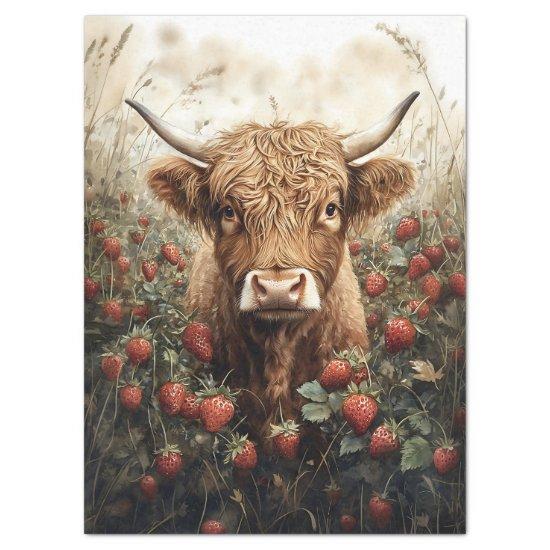 Highland Cow in a Strawberry Patch Decoupage Tissue Paper