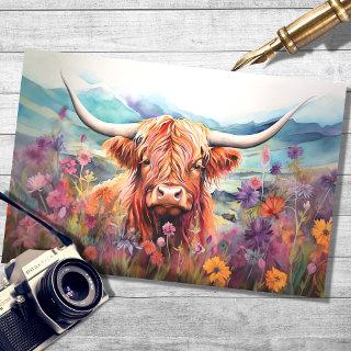 Highland Cow Watercolor Floral Landscape Decoupage Tissue Paper