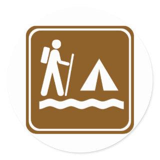 Hiking Trail with Lakeside Camping Highway Sign Classic Round Sticker