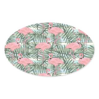 Hip Pink Flamingoes Cute Palm Leafs Pattern Oval Sticker