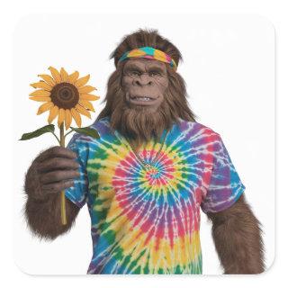 Hippie Sasquatch in Tiedye With Sunflower Square Sticker