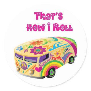 hippie van retro  how i roll classic round sticker