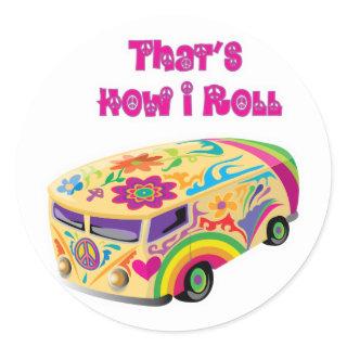 hippie van retro  how i roll classic round sticker