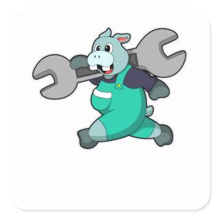Hippo as Mechanic with Wrench Square Sticker