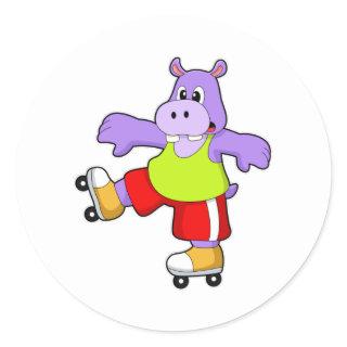 Hippo as Skater with Inline skates Classic Round Sticker