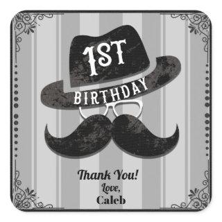 Hipster Mustache Hat Glasses 1st Birthday Party Square Sticker