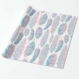 Hipster Watercolor Handdrawn blue pink feather