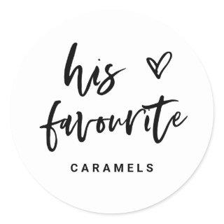 His Favourite | Modern Casual Script and Heart Classic Round Sticker