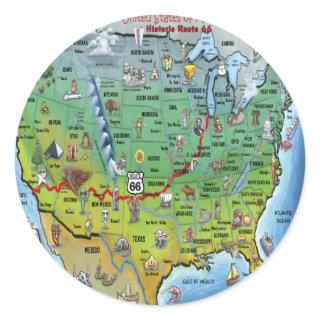 Historic Route 66 Cartoon Map Classic Round Sticker