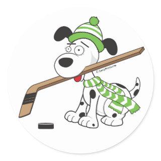 Hockey Dog with Hockey Stick Classic Round Sticker