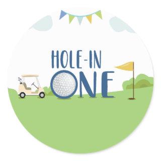 Hole in one first birthday cupcake topper in blue classic round sticker