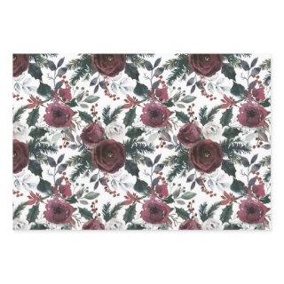 Holiday Floral Burgundy Roses Green Pine and Holly  Sheets
