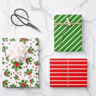 Holiday Green Holly Red Berries Stripes Pattern  Sheets