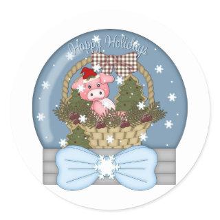 Holiday Pig Snow Globe Classic Round Sticker