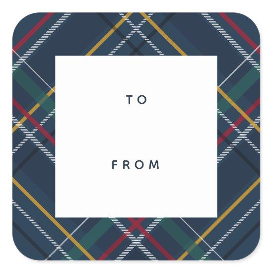 Holiday plaid navy blue to and from gift square sticker