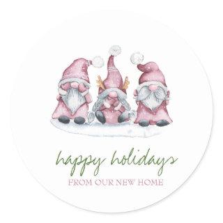 Holiday We Have Moved,Adorable Pink Gnomes  Classic Round Sticker