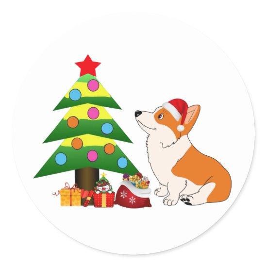 Holiday Welsh Corgi Cartoon with Tree Classic Round Sticker