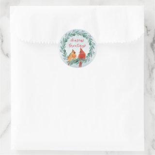 Holidays - Christmas Wreath with Cardinal Pair Classic Round Sticker