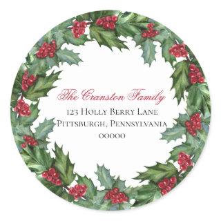 Holly and Berries Christmas Holiday Return Address Classic Round Sticker