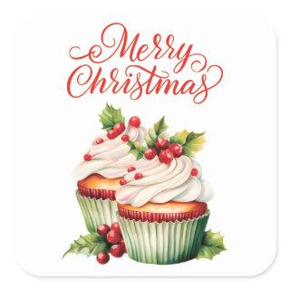 Holly Berry Christmas Cupcake Square Sticker