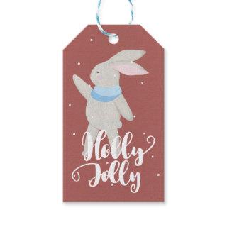 Holly Jolly Little Cute Bunny Dark Red and Blue Gift Tags