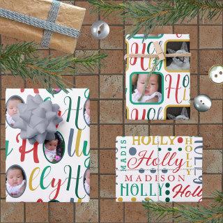 HOLLY Script Colorful On White 4 Photo Christmas  Sheets