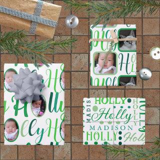 HOLLY Script Green On White 4 Photo Christmas  Sheets