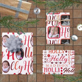 HOLLY Script Red On White 4 Photo Christmas  Sheets