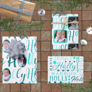 HOLLY Script Turquoise On White 4 Photo Christmas  Sheets