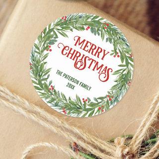 Holly Wreath Family Name Christmas White Classic Round Sticker