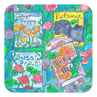 Hollyhocks Watercolor Flowers Square Sticker