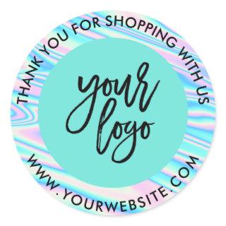 Holograph rainbow custom logo name teal thank you classic round sticker