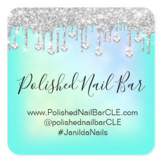 Holographic Mint Blue Diamond Drips Nail Bar Square Sticker
