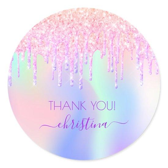 Holograpic unicorn glitter thank you baby shower classic round sticker