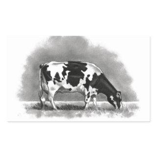 Holstein Cow Grazing: Realism Pencil Drawing Rectangular Sticker