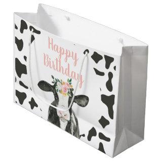 Holy Cow I'm One Pink Floral and Cow Print Large Gift Bag