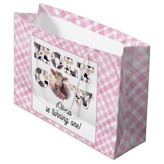 Holy Cow Turning One Pink Plaid Watercolor Large Gift Bag