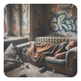 Homeless Man Napping in Abandoned Building   Square Sticker