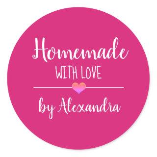Homemade with love pink script name  classic round sticker