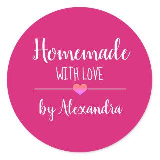 Homemade with love pink white script name classic round sticker