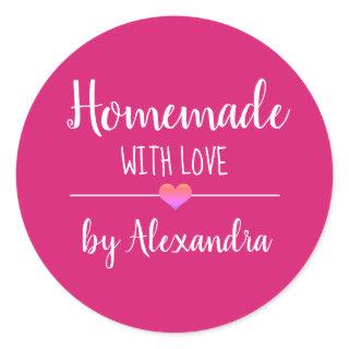 Homemade with love pink white script name classic round sticker